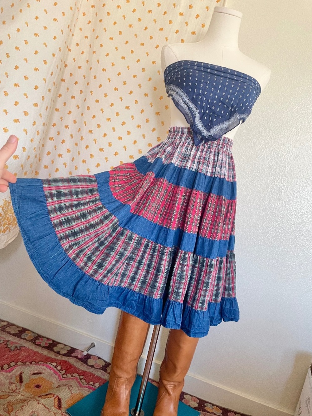 Vintage Plaid Denim Full Circle Skirt Made USA Small
